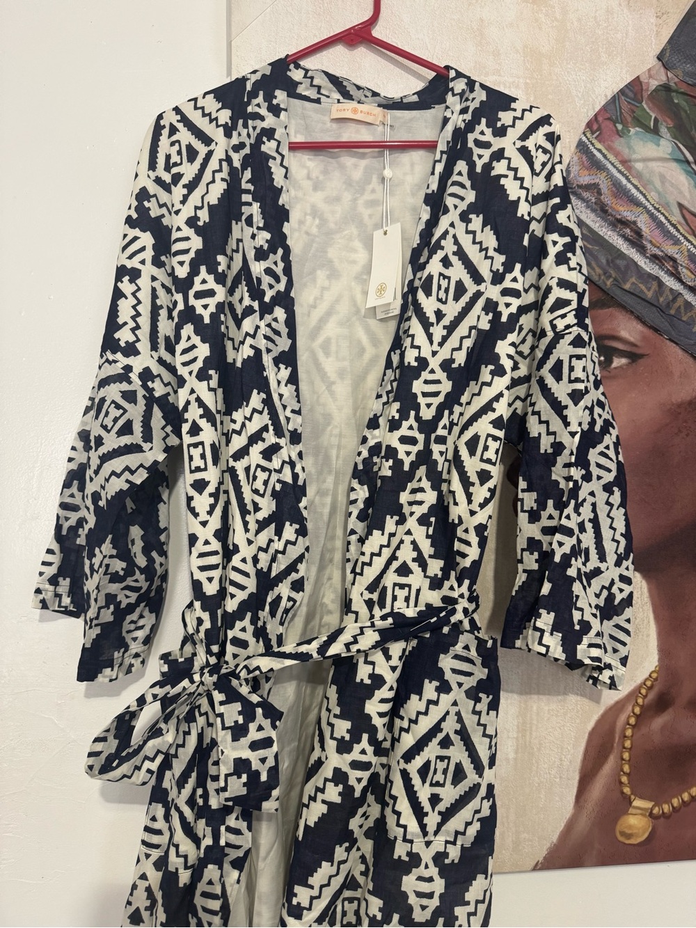 Tory Burch navy blue  & White Geometric Kimono Wrap